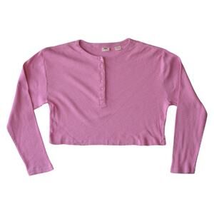 Levi’s Bubblegum Pink Ribbed Henley Tee – Cropped Long Sleeve Y2K Top, Small